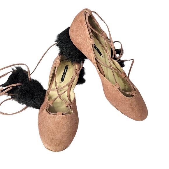 Zara Basic Collection Suede Pom Pom Fur Tie Lace Up Heels Blush 35 5 - Picture 3 of 7